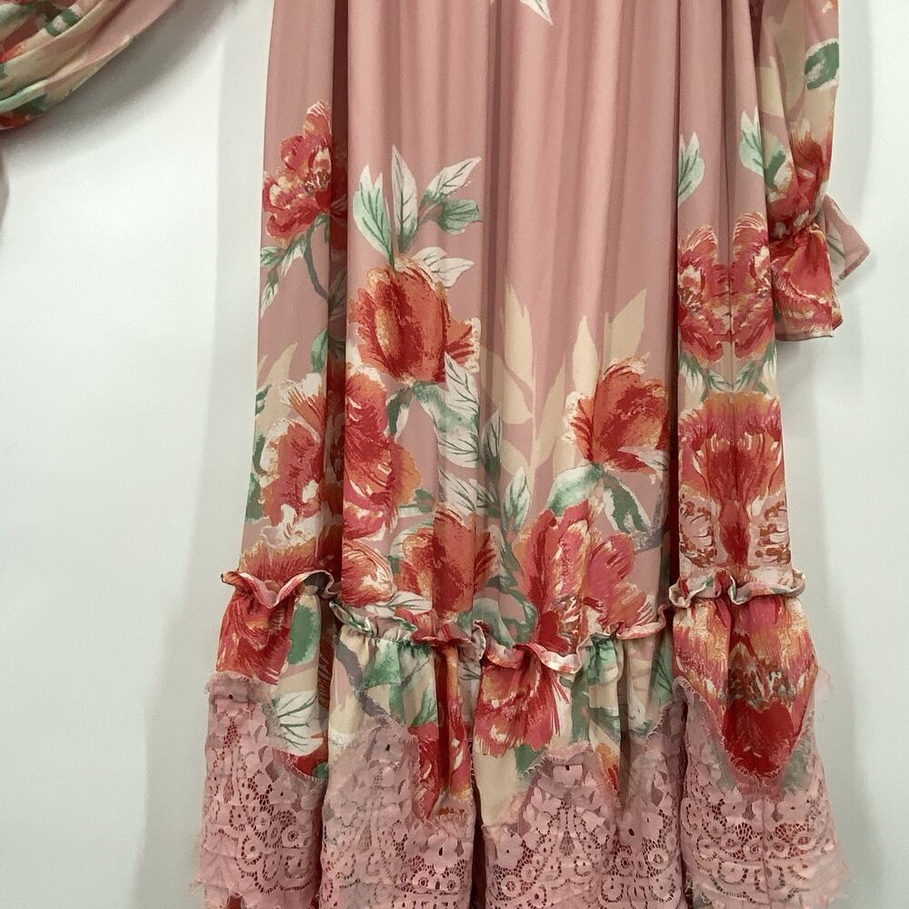 Champagne & Strawberry Maxi Dress Small Off Shoulder Pink Floral Chiffon Peasant - Picture 11 of 16